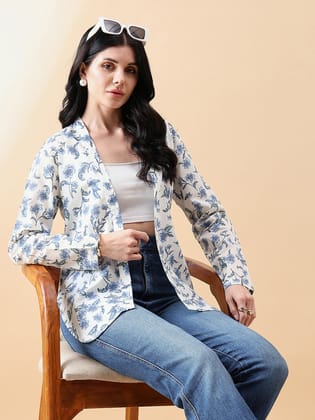 Front Open Cambric Printed Jacket- white and blue-Standard Size / XL