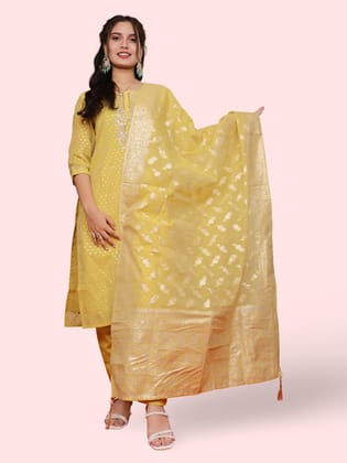 Silk Straight Kurti with Embroidery, Paired with Pant and Dupatta-Mustard Yellow / M