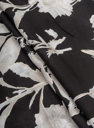 Pure Muslin Black Color Floral Screen Print Fabric With Foil .