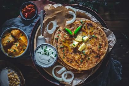 2 Onion Stuffed Paratha With Plain Curd And Pickle
