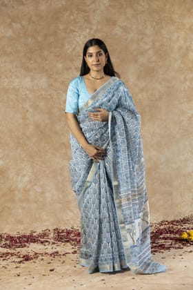 Sky Blue Maheshwari Blockprint Embellished Saree