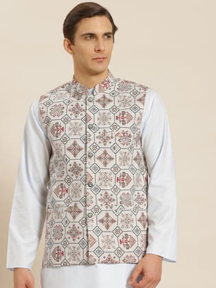 Men's Cotton Linen Printed Cream Nehru Jacket-36