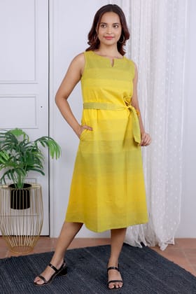 Yellow Hand Dyed South Cotton Women Midi Dress Sleeveless WDRSL05232-S