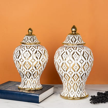 Golden Tranquility Ceramic Vase & Decorative Showpiece - Set Of 2-BIG: HEIGHT - 14.5 INCHES & WIDTH - 8 INCHES AND SMALL: HEIGHT - `12.5 INCHES & WIDTH - 7 INCHES / CERAMIC / AVAILABLE