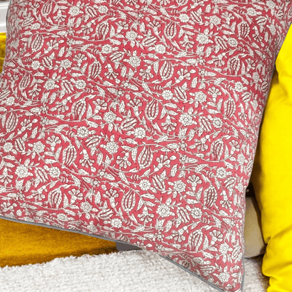 16" cotton cushion cover red and black floral with piping-16 x 16 inches