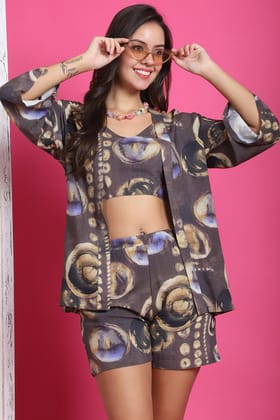 Coffee Color Abstract Printed Viscose Rayon 3 pcs Coverup Set With Robe Beachwear For Woman-S