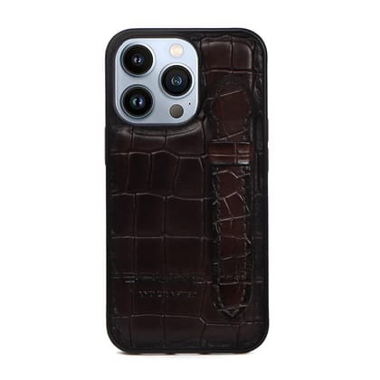 Mobile Cover With Holding Finger strap Loop In Dark Brown Croco Print Leather by Brune & Bareskin-15Plus