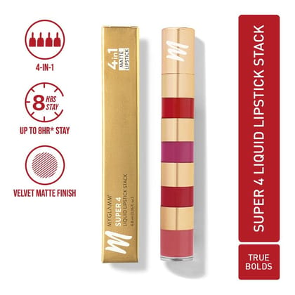 MyGlamm Super 4 Liquid Lipstick Stack - 4 in 1 Velvet Matte Lipstick | True Bolds (Red + Plum + Vermillion + Pink) | Transfer & Smudge Proof