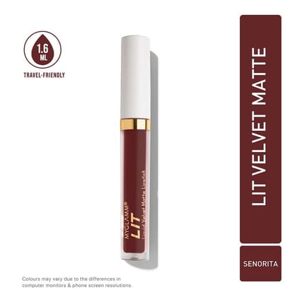 LIT Velvet Matte Liquid Lipstick - Senorita (Deep Cherry Red Shade) | Hydrating, Creamy, Full Coverage Liquid Lipstick With Vitamin E (1.6 ml)