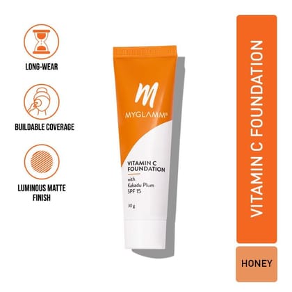 MyGlamm Vitamin C Foundation - Honey (Deep) | Long Lasting, Light To Medium Coverage Foundation With SPF 15 With Hyaluronic Acid (30g)