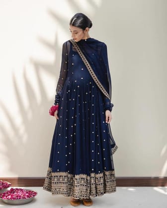 Outstanding Pattern Navy Blue Color Gown-M