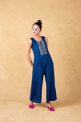 Blue Front Open Jumpsuit With Embroidery-L