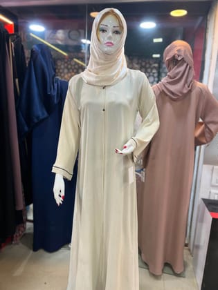 "Cream Soft Imported Abaya with Golden and Black Stone Sleeve Accents"