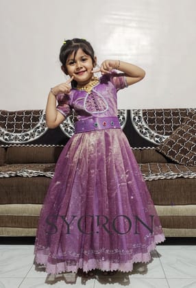 Rare Pure Twil Silk Fabric With Swarovski Work Gown for Kids-Purple / 1 Year