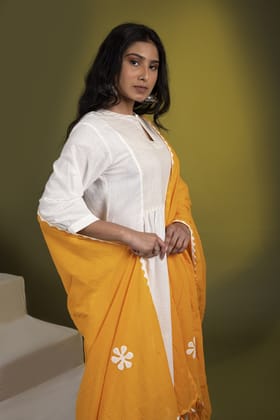 White kurta set with Yellow dupatta-S