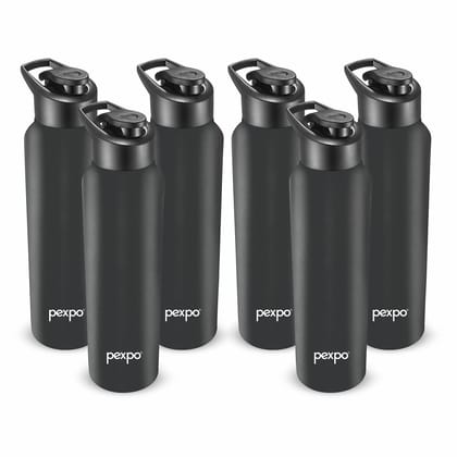PEXPO Stainless Steel Sports/Fridge Water Bottle, 1000 ml, Pack Of 6, Knight Black, Chromo | Wide Mouth & Leak-Proof Water Bottle