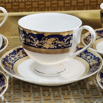 Luxury Embossed Gold Plated Cup & Saucer Royal Style Bone China, Set Of 6 (MADE IN JAPAN)-NAVY BLUE