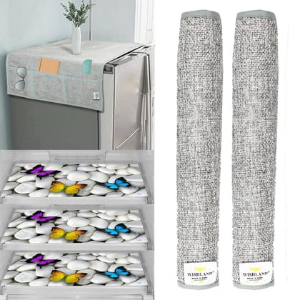 WISHLAND Double Door Fridge Cover Combo Set pf 1 Fridge Top Cover + 2 Fridge Handle Cover + 3 Multipurpose Fridge Mats (Grey)