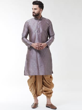 Men Grey  Gold-Coloured Self Design Kurta with Dhoti Set-36