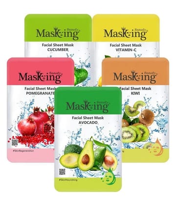 Masking Beauty Cucumber Lemon Pomegranate Kiwi Avocado Face Sheet Mask 100 ml Pack of 5