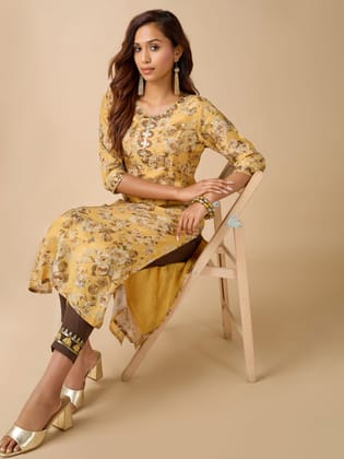 Mustard Yellow Muslin Silk Printed Kurti With Embroidery And  Matching Bottom