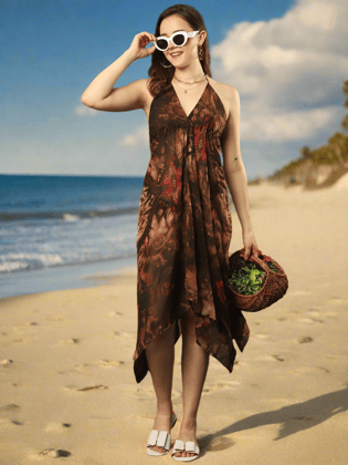 Brown Color Tie and Dye Printed Georgette Women Swimwear Cover Up Dress-S