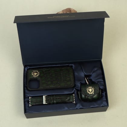 Green Apple Combo Of Deep Cut Croco Mobile Cover, Watch Strap and Air-pod Case By Brune & Bareskin-13PROMX / FS