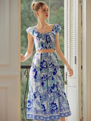 Blue Floral Print Cami Top & Skirt Coord Set-M / BLUE