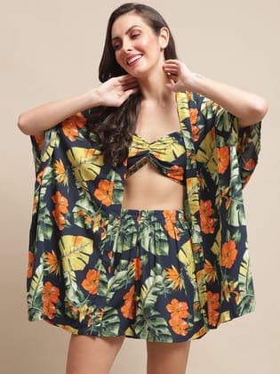 Navy Color Tropical Printed Viscose Rayon 3 pcs Coverup Set With Robe Beachwear For Woman-s