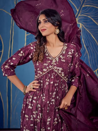 wine color Kurta Set With Dupatta-M (38)