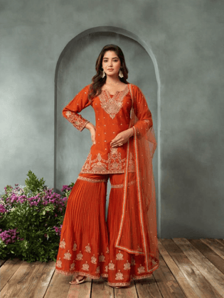 Woman's Sharara Set with Dupatta-Orange / L