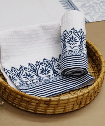 White & Indigo Stripe Floral Hand Block Printed Cotton Honey Comb Hand Towel (16"x26")