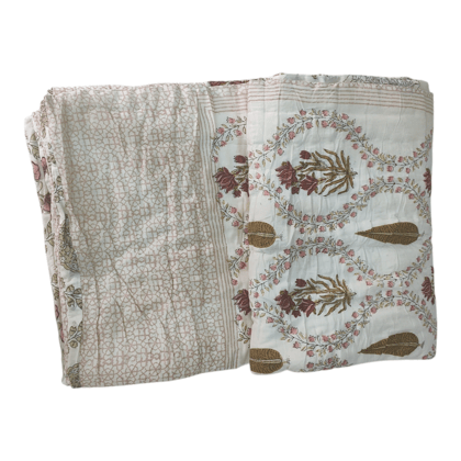 Leaf Block Print Malmal AC Quilt/Dohar Gold-Double 85 x 95 inches