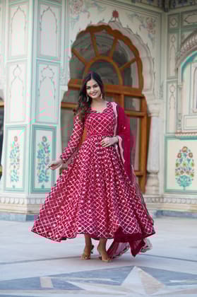 Embroidered Faux Blooming Gown with Sequin Dupatta-RANI / M