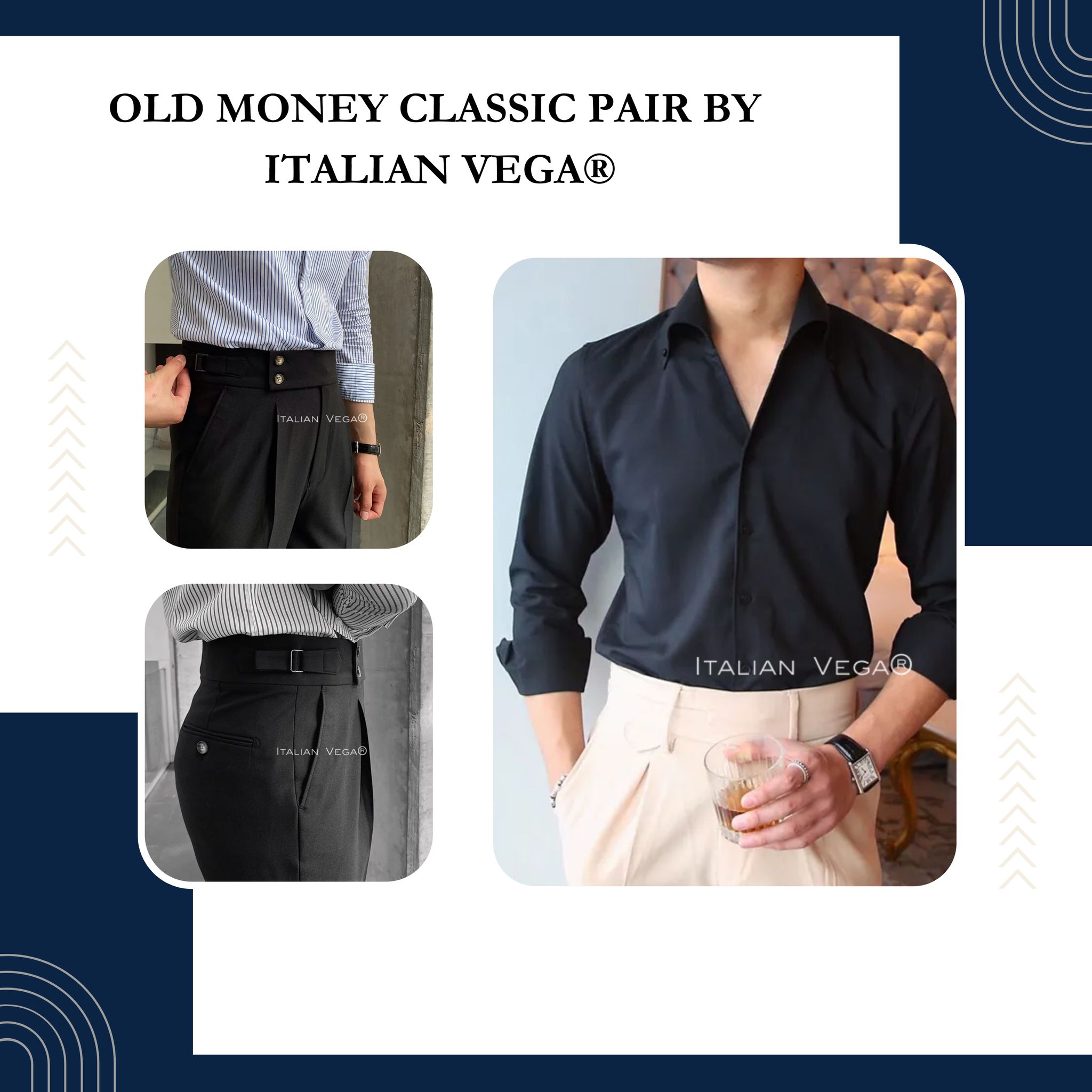 Old Money Black Shirt with Black Signature Buttoned Gurkha Pant by ITALIAN VEGA®-M / 28