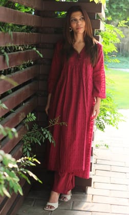 Cotton Dobby Pleated Buttoned Wine Coord Set-2XL