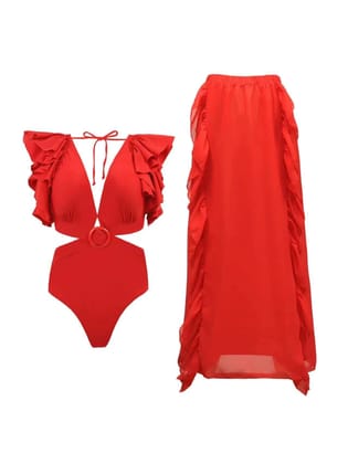 Retro Ruffled V Neck Hollow Out Cutout Swimsuit & Skirt Coord Set-Red / M