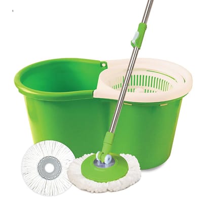 Scotch Brite Twin Bucket Spin Mop - Plastic, With Rod, Refill Included, Green, 1 Pc