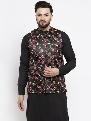 Jompers Men's Black Printed Nehru Jacket-S / Black