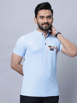 Mandarin Collar short Sleeves Printed Cotton T-shirt