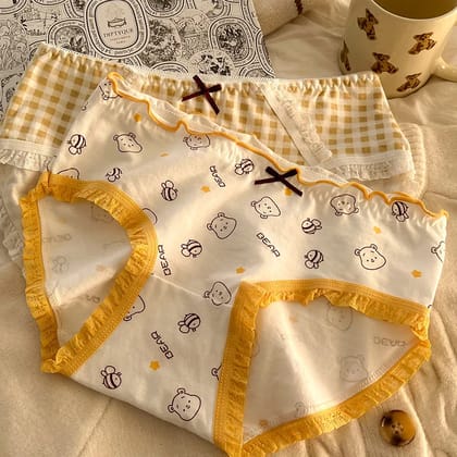 Pure cotton underwear for women, antibacterial, cute popular hot style 100% cotton antibacterial breathable briefs-L (45-55KG) / Bearhead on Yellow