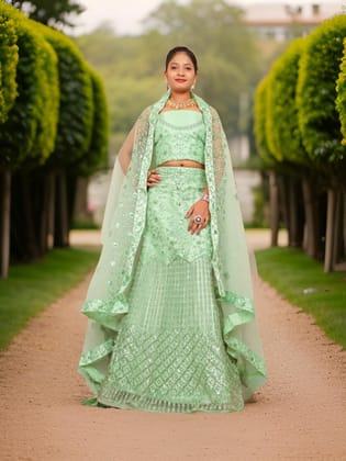 Semi-Stitched Lehenga with Soft Net Fabric & Zari Thread Work by Shreekama-Pista Green / Free Size