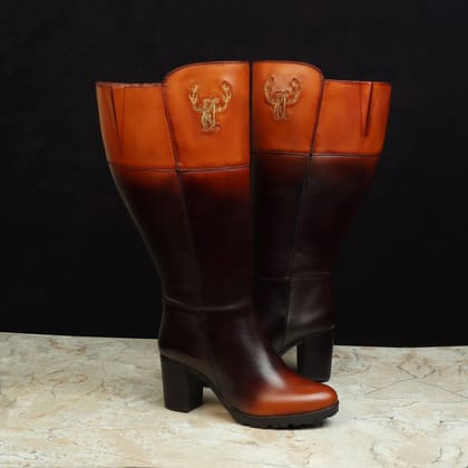 Bespoke "CK" Embroidery Initial Dual Tone Tan/Brown Knee Height Leather Long Boots By Brune & Bareskin-36/3