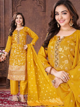 Woman Straight Suit Set with Pant-Dupatta-Gold / L