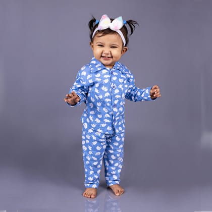 Full Sleeves Baby Elephant Printed Pajamas / Night Suit  for Baby/Kids - Light Blue-6-12 Months