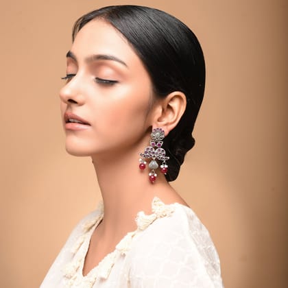 Oxidised Floral Beaded Dangler Earrings-Ruby