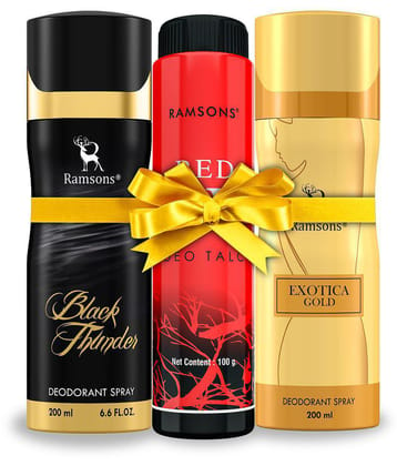 RAMSONS Deo Talc Combo | 1 Black Thunder Deodorant Spray - 200ml | 1 Exotica Gold Deodorant Spray - 200ml | 1 RED ZX Deo Talc - 100gm | Combo Pack Of 3