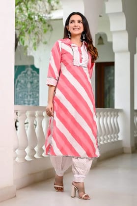 Lahriya print cotton kurti with afghani pant-M / Pink