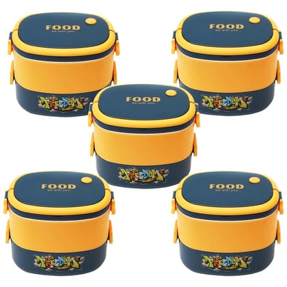 Kuber Industries Insulated Lunch Box, 2 Compartments, BPA Free, Leakproof, Microwave Safe, 1450 ML, Pack of 5, Yellow/Blue.-Kuber Industries Insulated Lunch Box, 2 Compartments, BPA Free, Leakpro