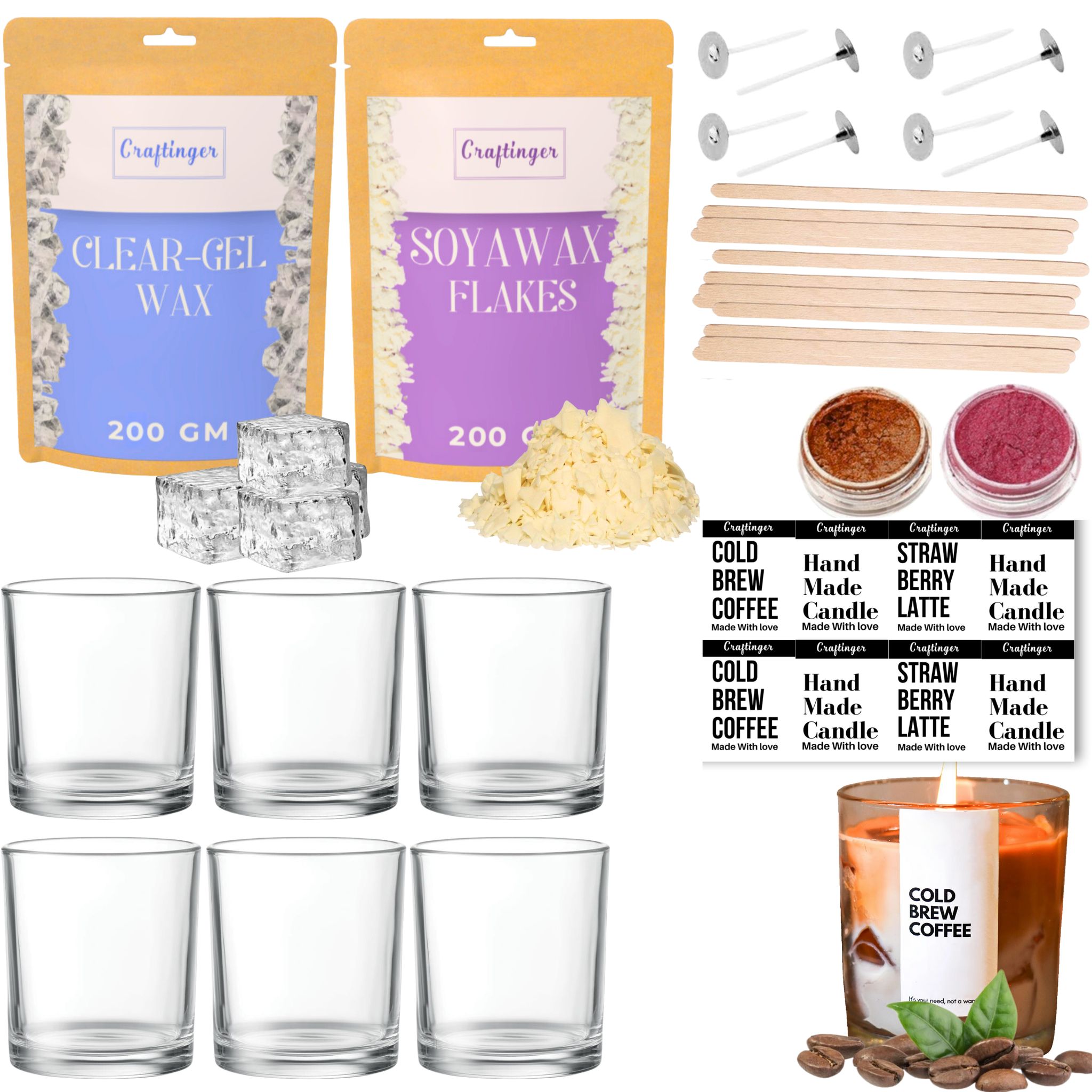 Craftinger DIY Candle Making Kit - Complete Set with 400gm SOYA Wax, Gel Wax, Jars, Wicks, Pigments, and Labels for Adults & Beginners